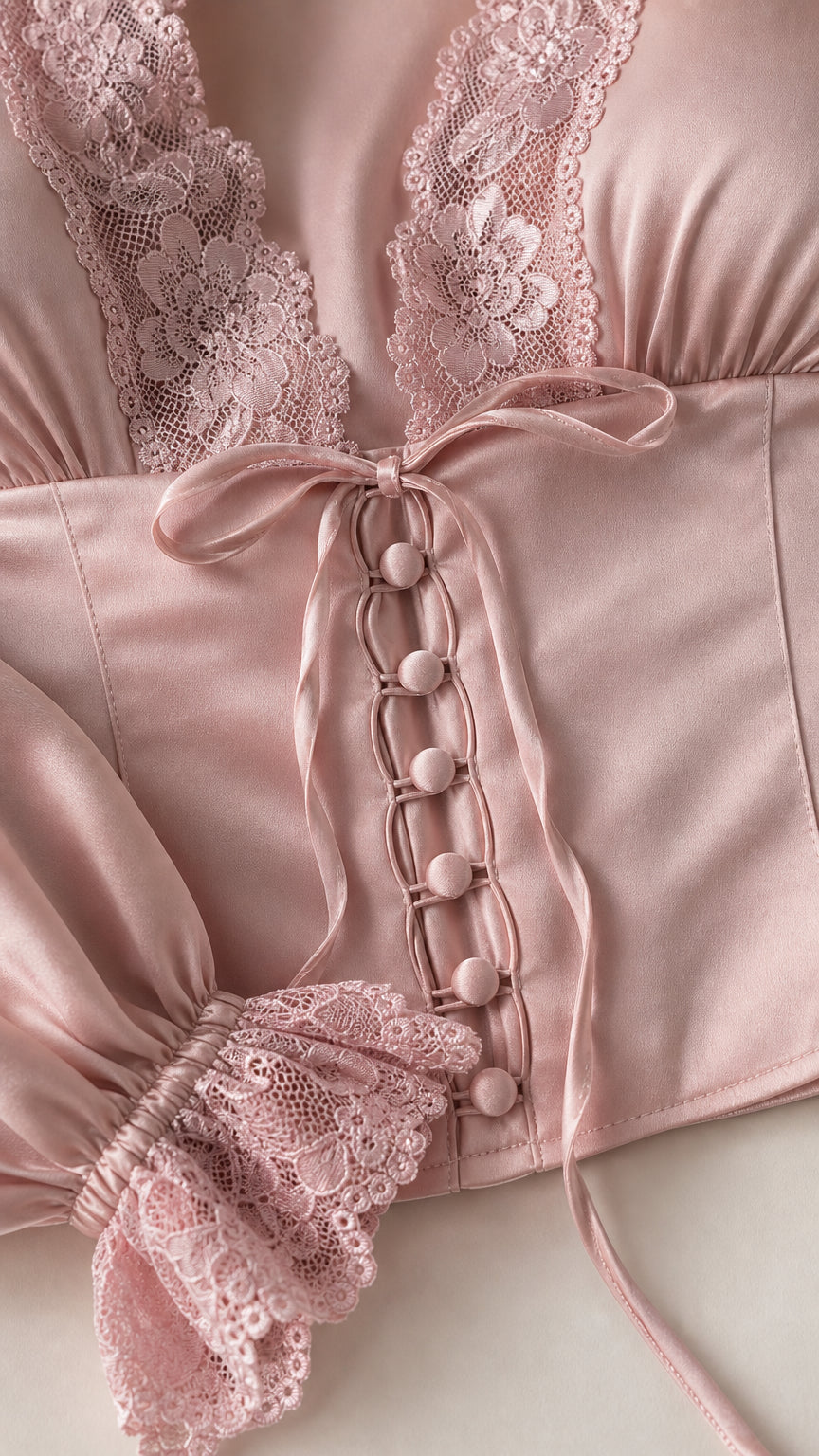 Close-up detail of blush pink satin corset blouse with lace trim, tie neck, and covered buttons