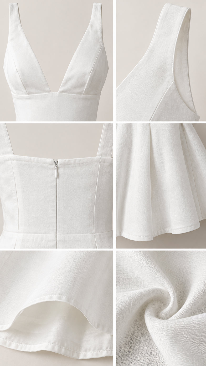 Close-up details of white plunging neckline, back zip, hem, and fabric texture