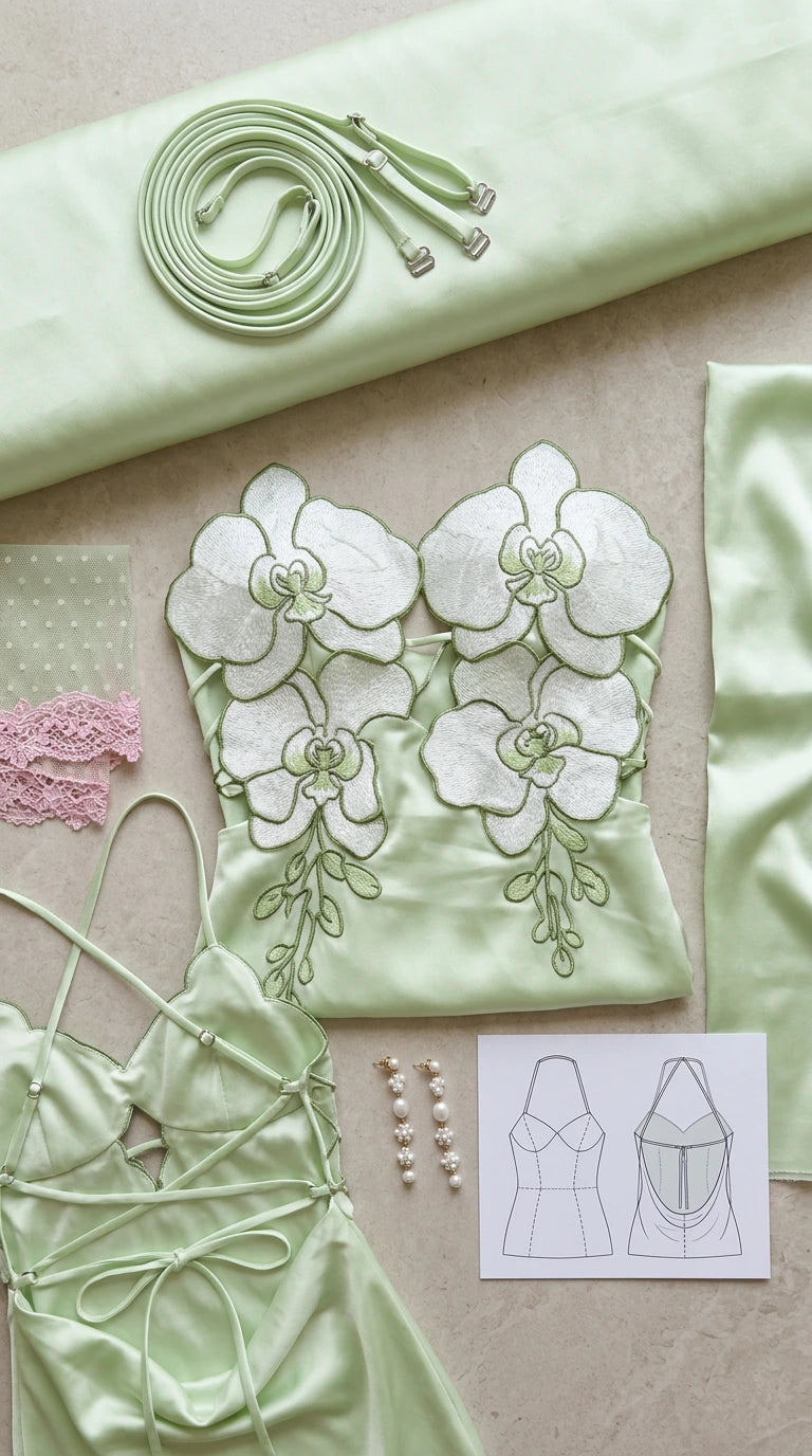 Flat lay showing bodice embroidery, floral appliqués, straps, and dress construction details