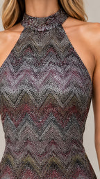 Close up of high halter neckline and metallic shimmer chevron knit fabric