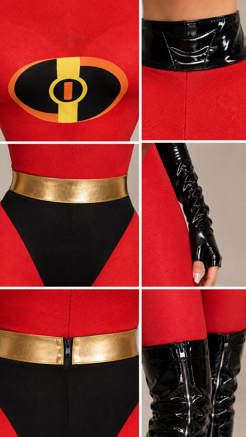 Close-up details of chest emblem, gold belt, collar, and zipper