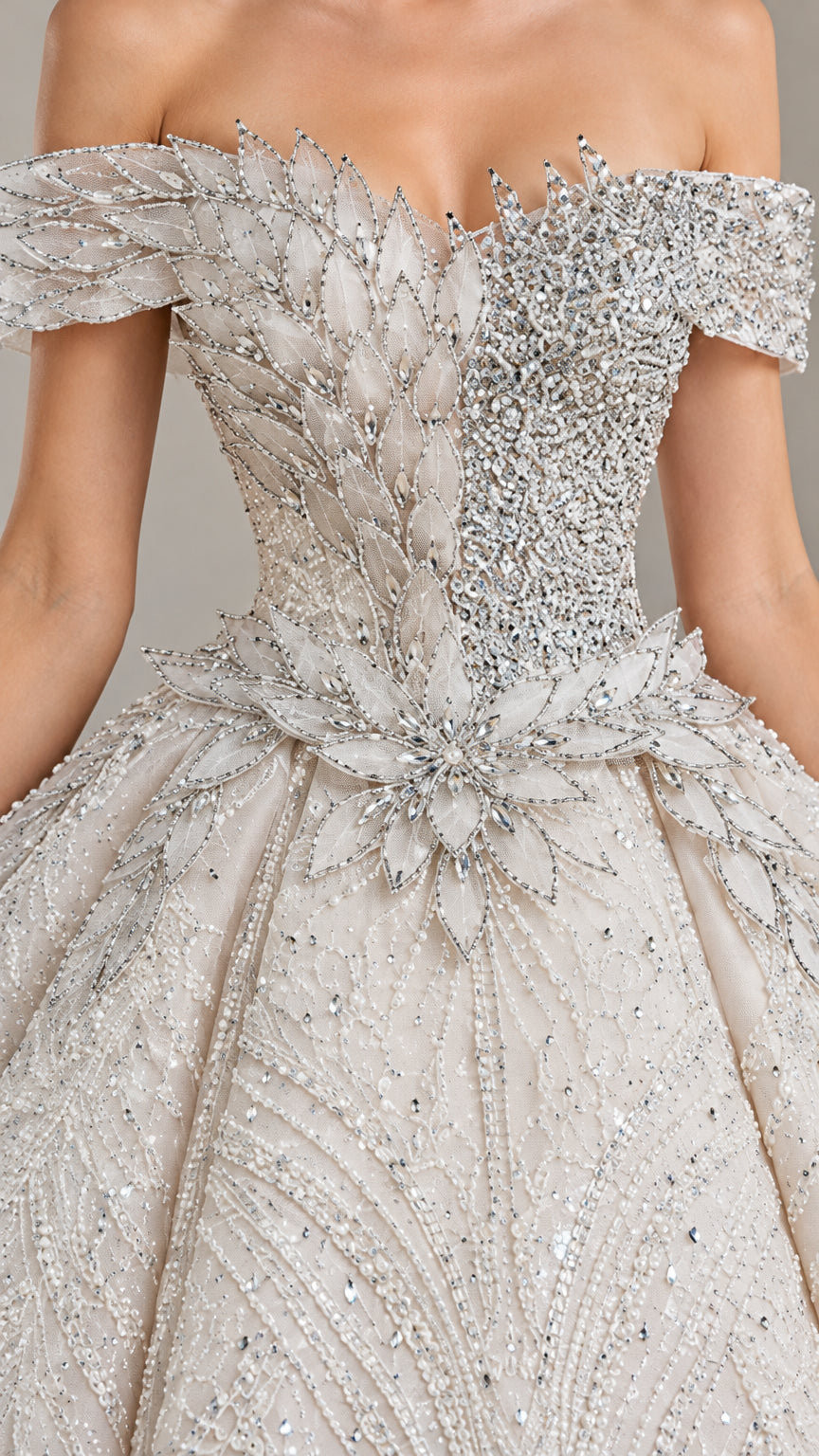 Close-up detail of crystal embellishments and off-shoulder bodice