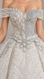 Close-up detail of crystal embellishments and off-shoulder bodice