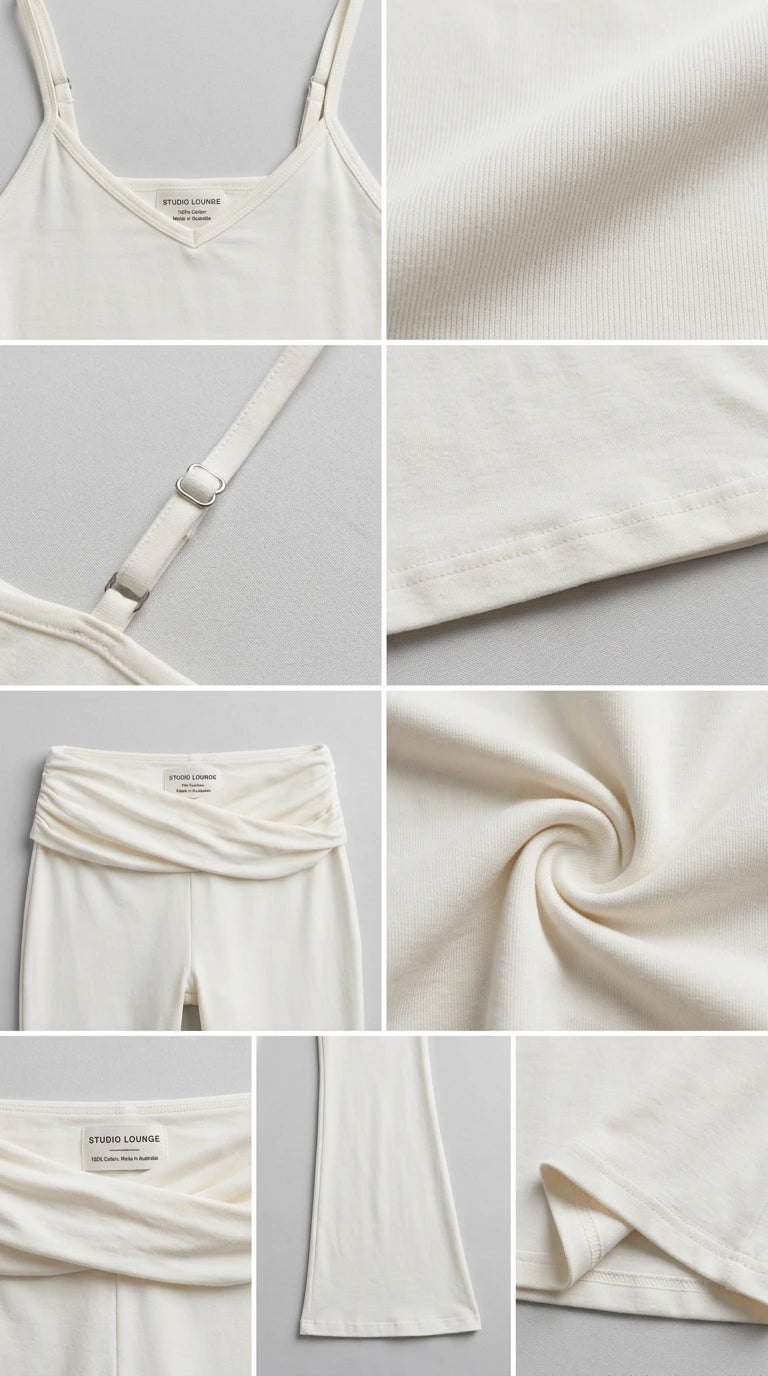 Detail shots of ribbed texture, adjustable strap hardware, and foldover waistband construction