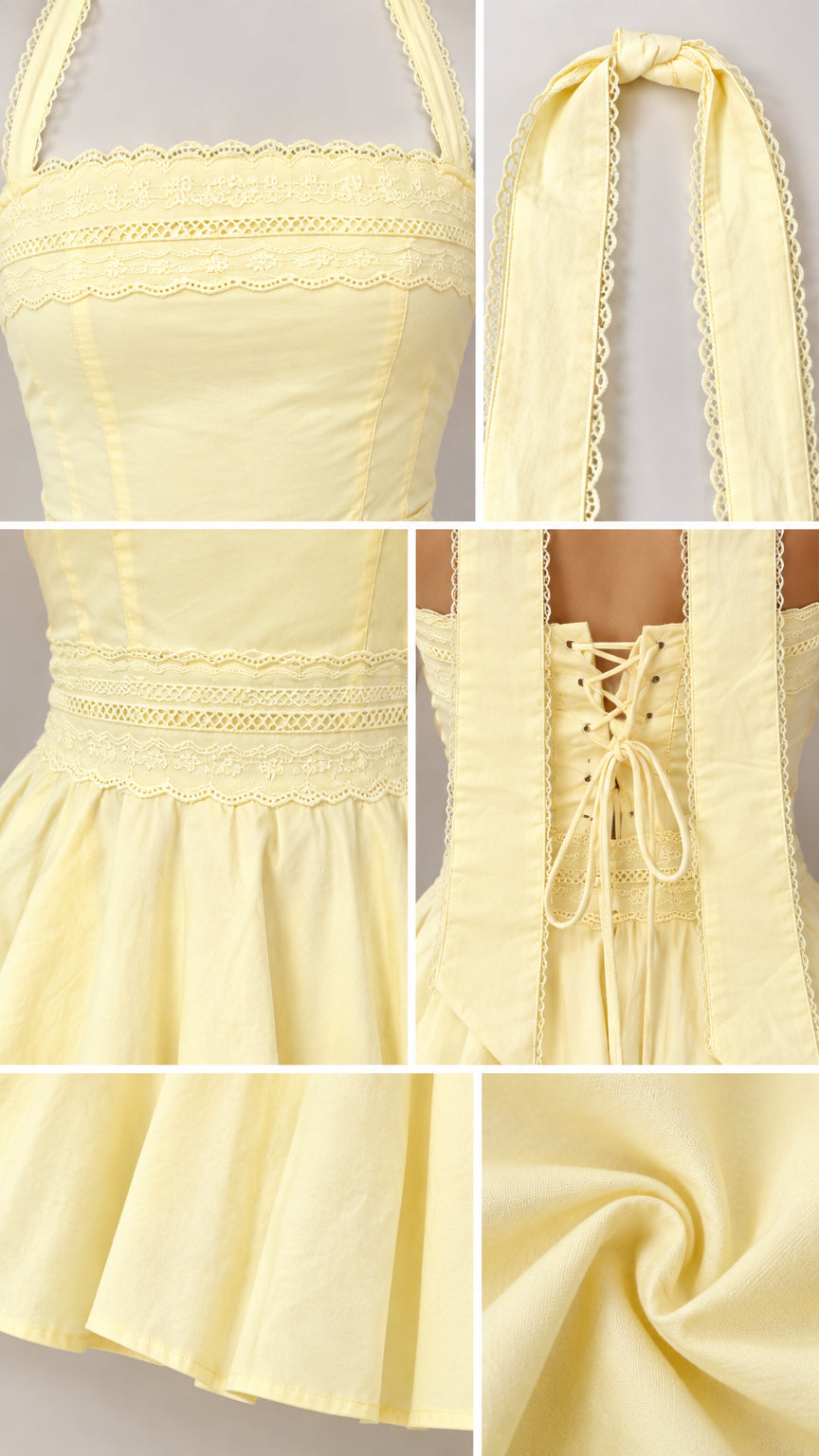 Close-up details of scalloped lace trim, back corset ties, and fabric texture