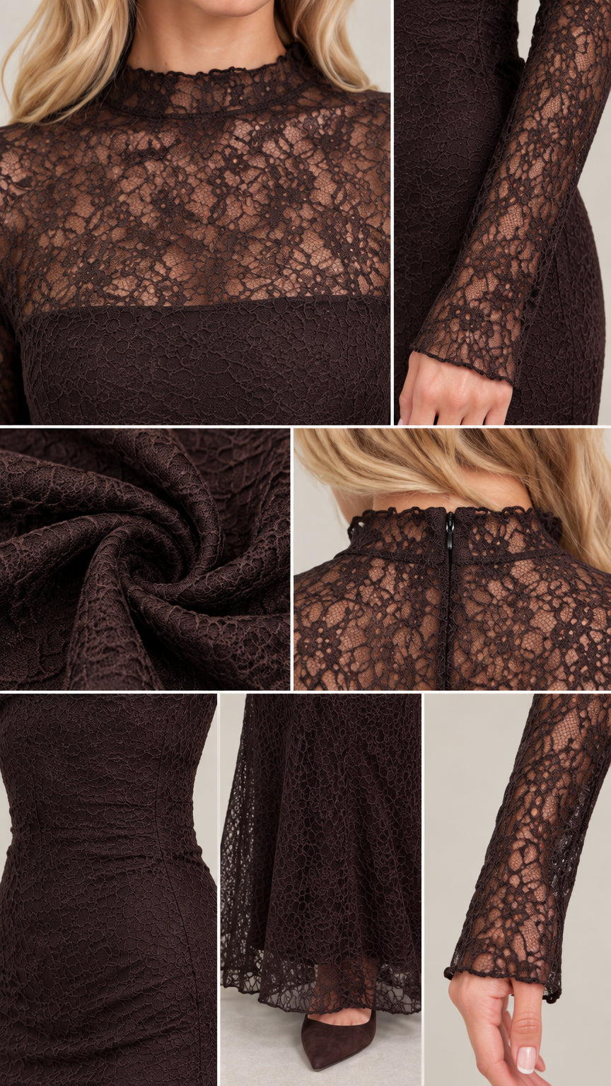 Close-up details of dark brown floral lace neckline, sheer sleeves, and fabric texture