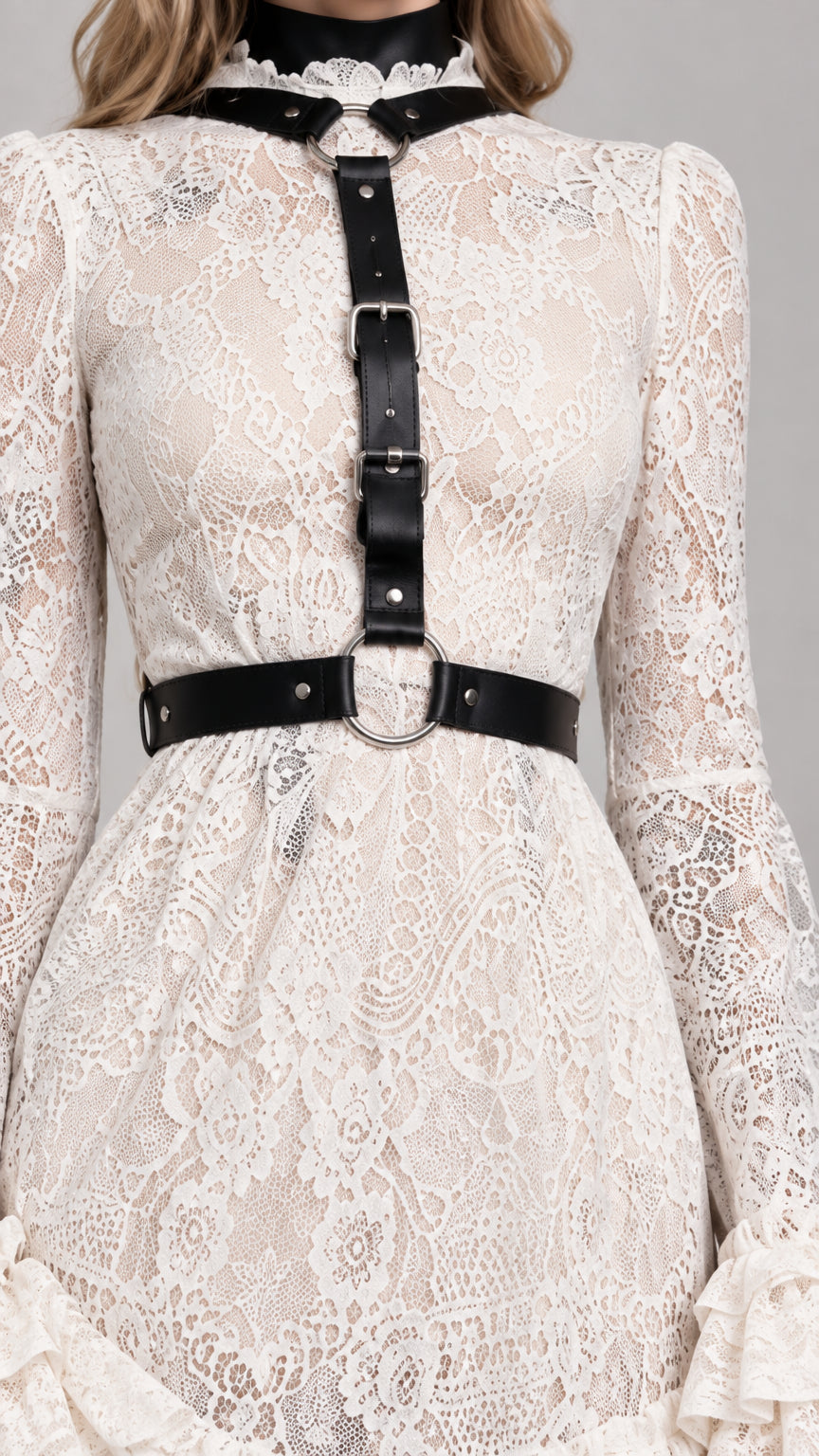 Close-up detail of high collar, lace bodice, and black buckle harness on Ivory dress