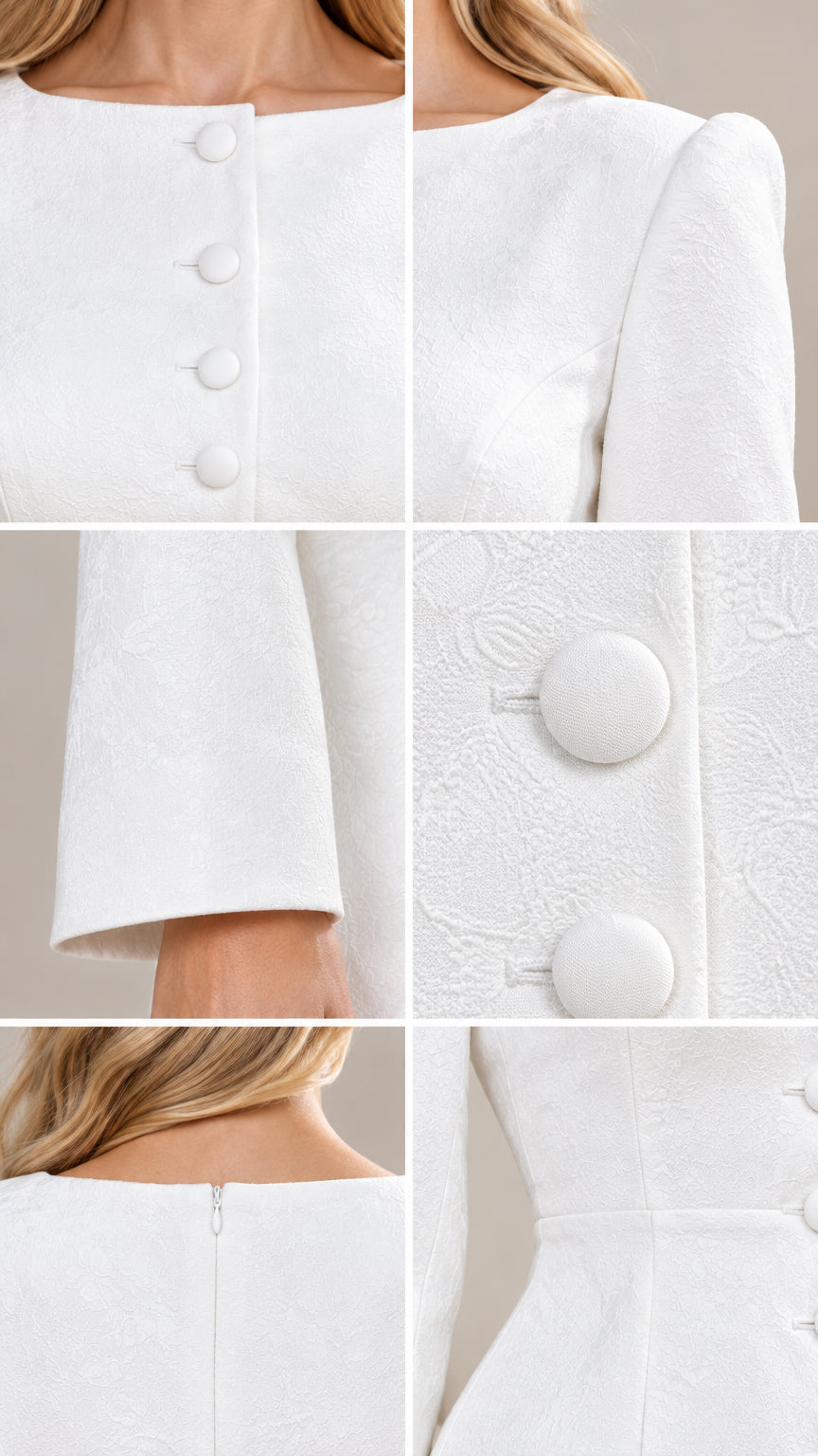 Close-up detail collage of fabric texture, covered buttons, neckline, and sleeve finish