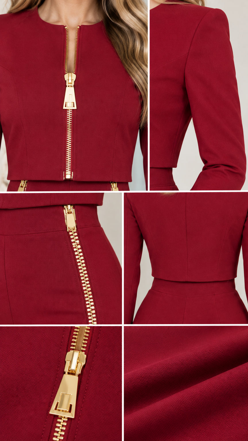 Close-up detail collage showing gold zipper pulls, jacket neckline, and burgundy fabric texture