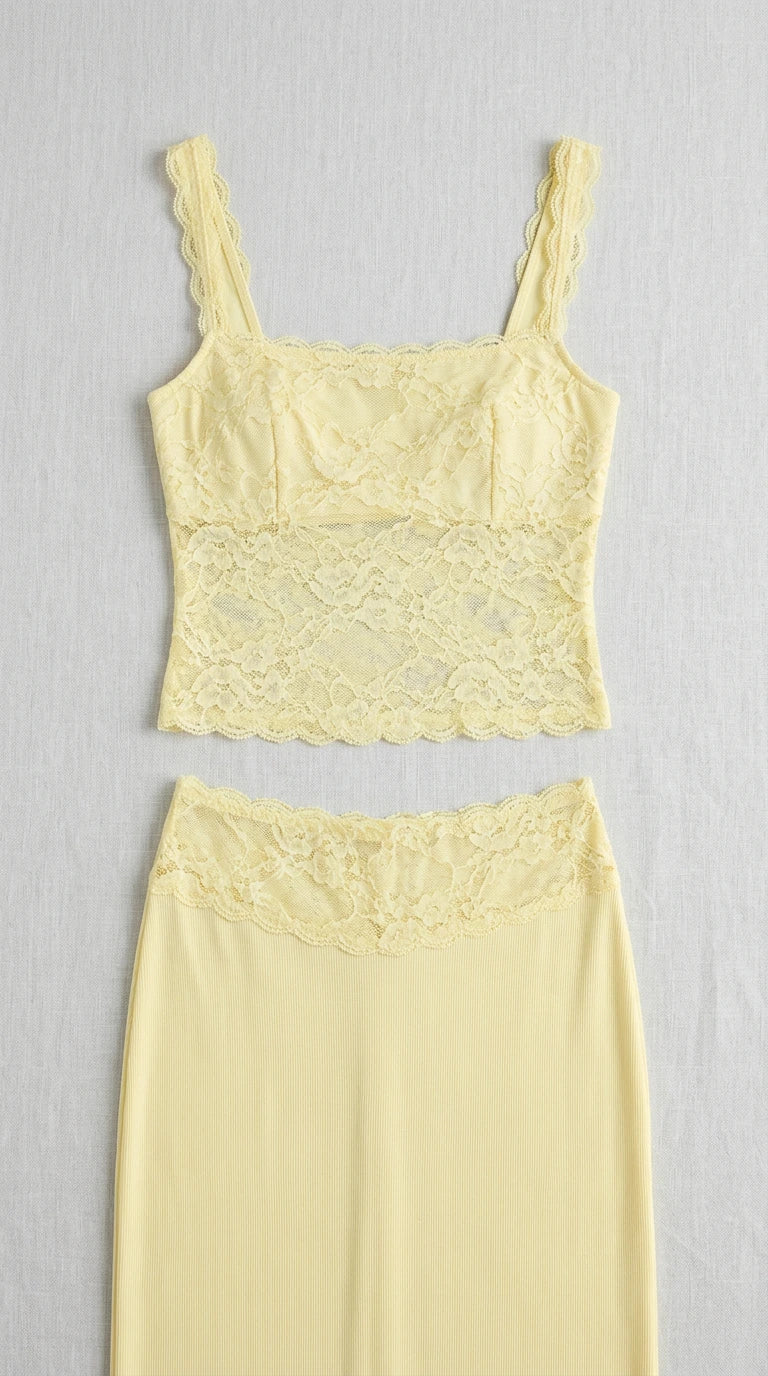 Flat lay of butter yellow lace camisole crop top and matching maxi skirt waist