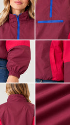 Detailed close-up views of zipper collar, front horizontal zip pocket, elastic cuff, side pocket, back collar, and smooth fabric texture