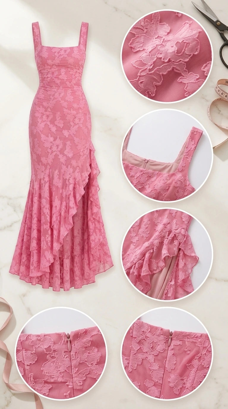 Flat lay and close-up detail photos of pink floral dress showing fabric texture, neckline, and zipper