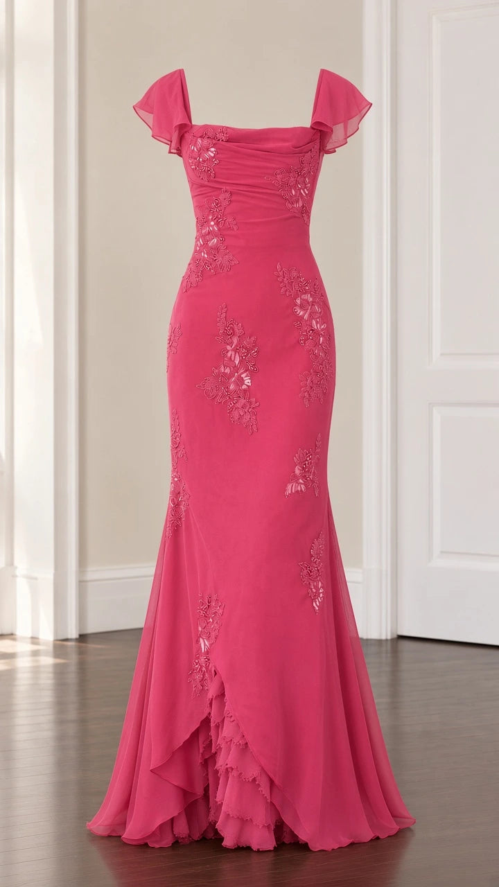 Full-length studio view of fuchsia flutter sleeve evening gown on mannequin