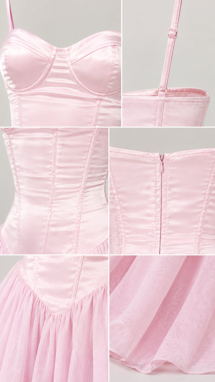 Detailed close-up collage of pink dress bustier cups, boning, and zipper closure