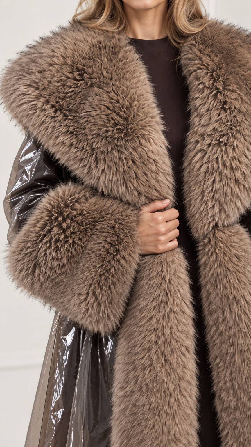 Close-up detail of plush brown faux fur collar and oversized cuffs on glossy trench coat