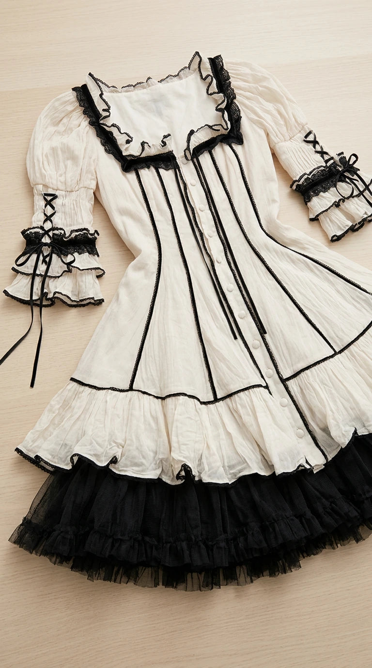 Flat lay view of white lolita corset dress showing square ruffled neckline and tiered sleeves