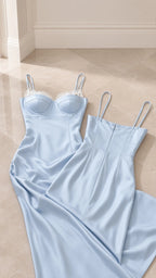 Flat lay detail showing Light Blue satin dress bustier lace cups and back zipper construction