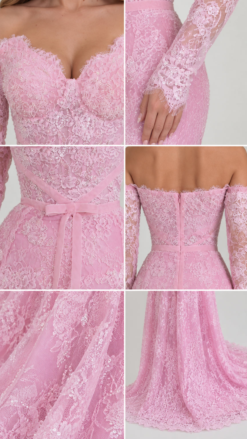 Close-up detail shots of pink floral lace neckline, sheer sleeves, waist bow tie, and skirt hem