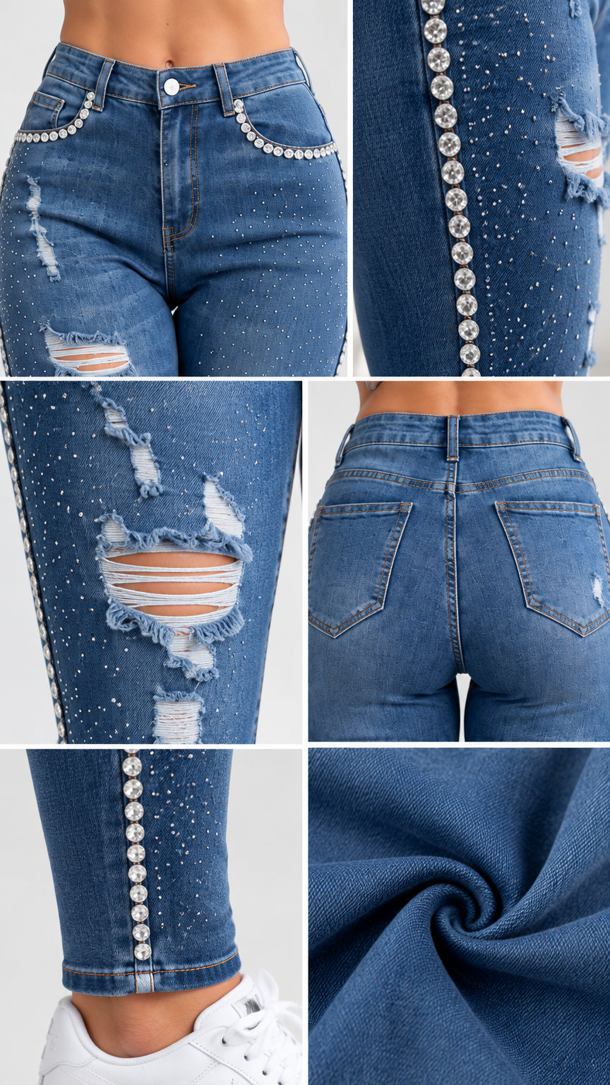 Close-up details of pearls, rhinestones, ripped fabric, and pocket construction on blue jeans