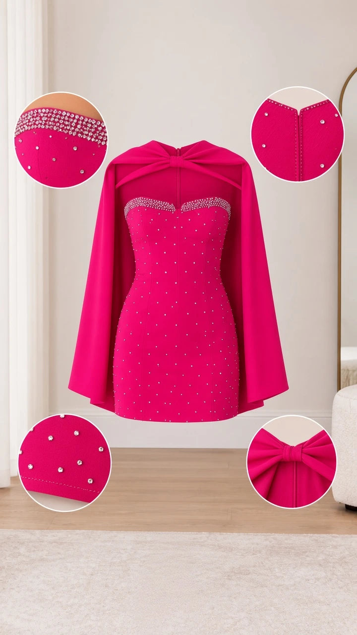Flat lay and close-up detail collage showing rhinestone neckline and bow cape fastener on Hot Pink dress