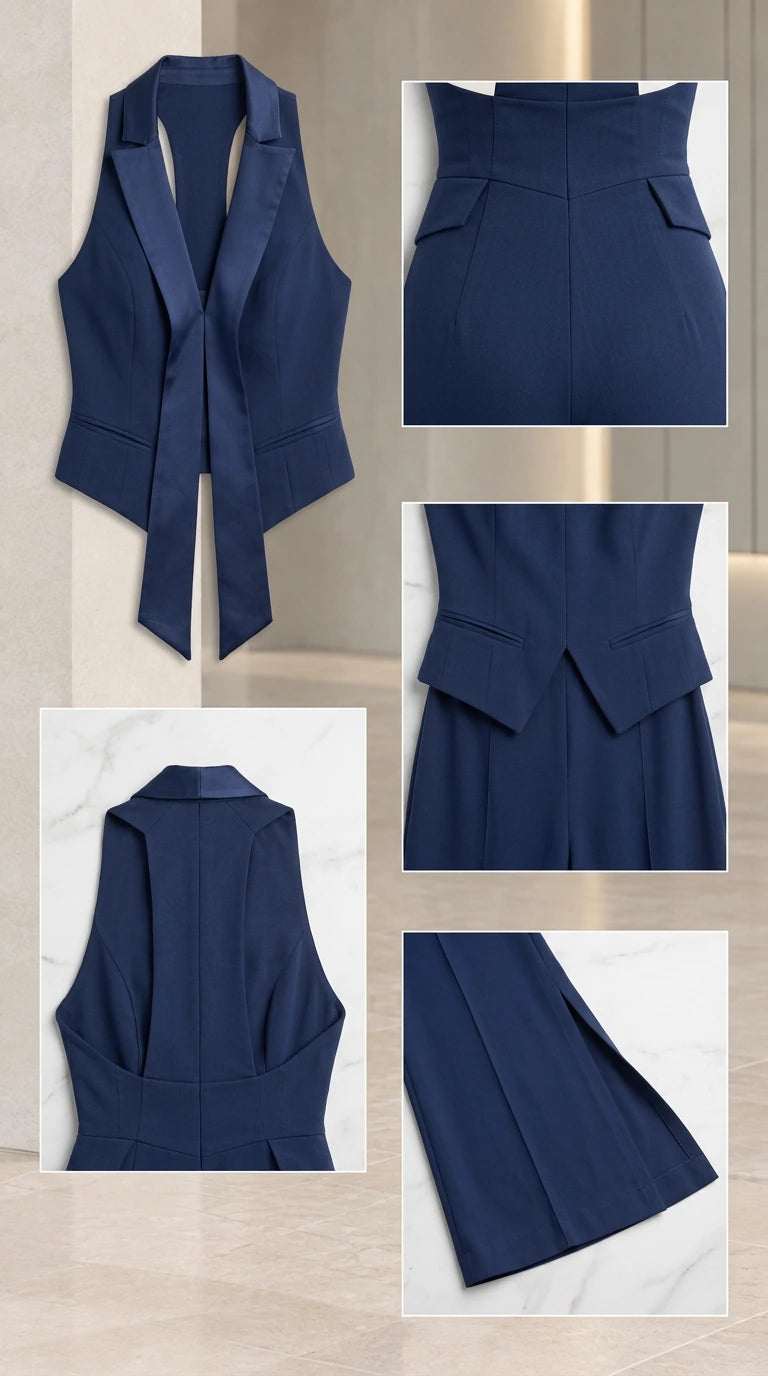 Detailed flat lay of navy blue satin lapel vest, waistband details, open back, and hem slit