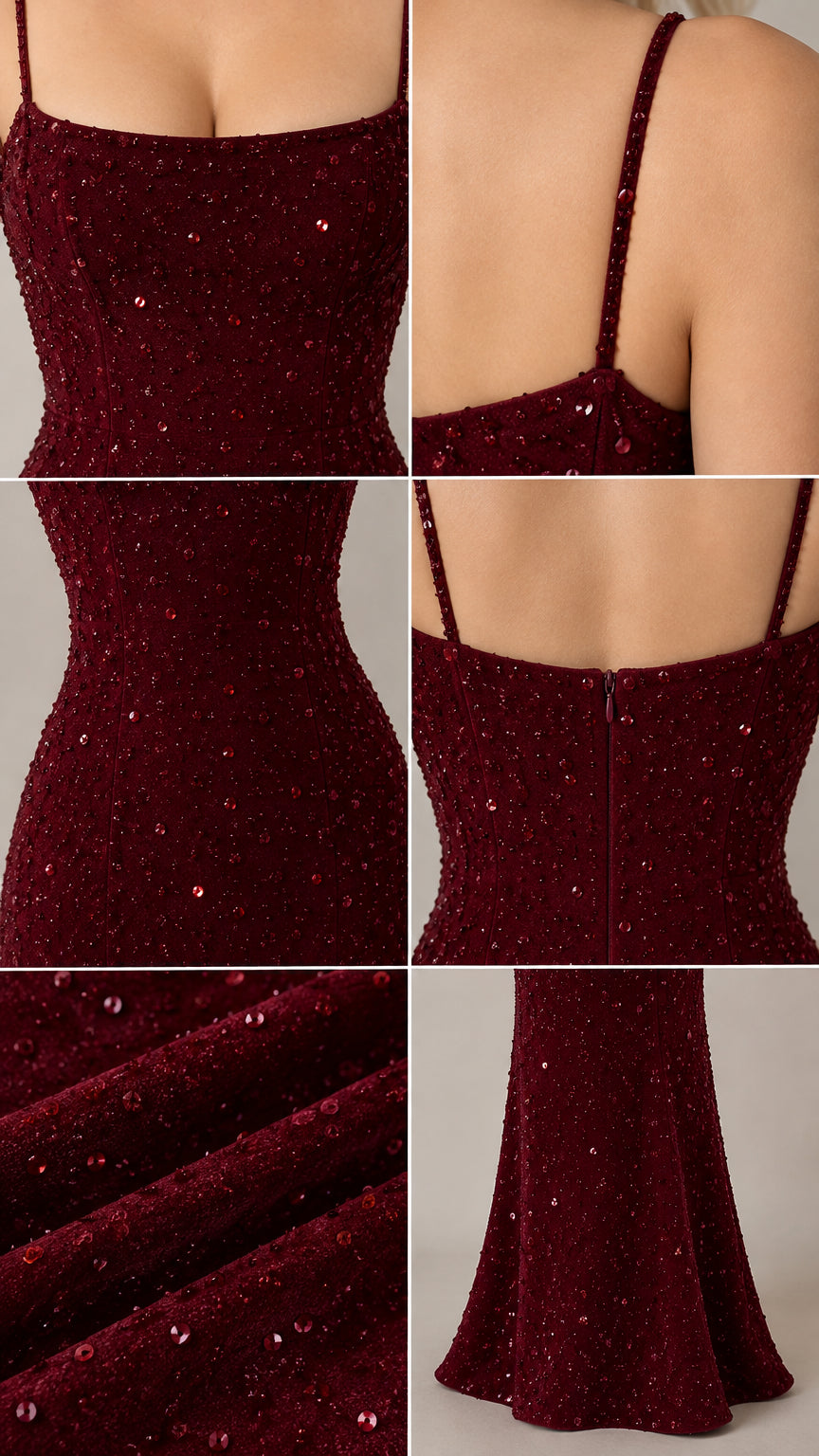 Detail composite of sparkling burgundy evening gown showing neckline, back straps, sparkle texture, and hem
