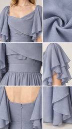 Close-up details of draped neckline, flutter sleeve, fabric texture, and back zipper on dusty blue dress