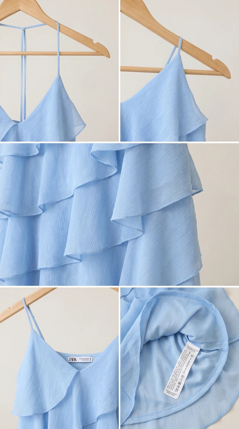 Detailed close-up collage of fabric texture, ruffled tiers, spaghetti straps, and inner lining