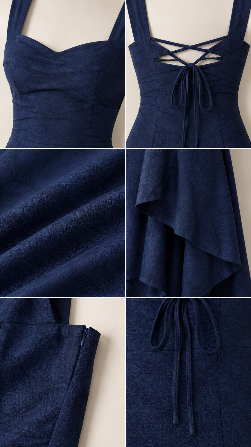 Close-up details of Navy Blue dress fabric texture, neckline, and lace-up back ties