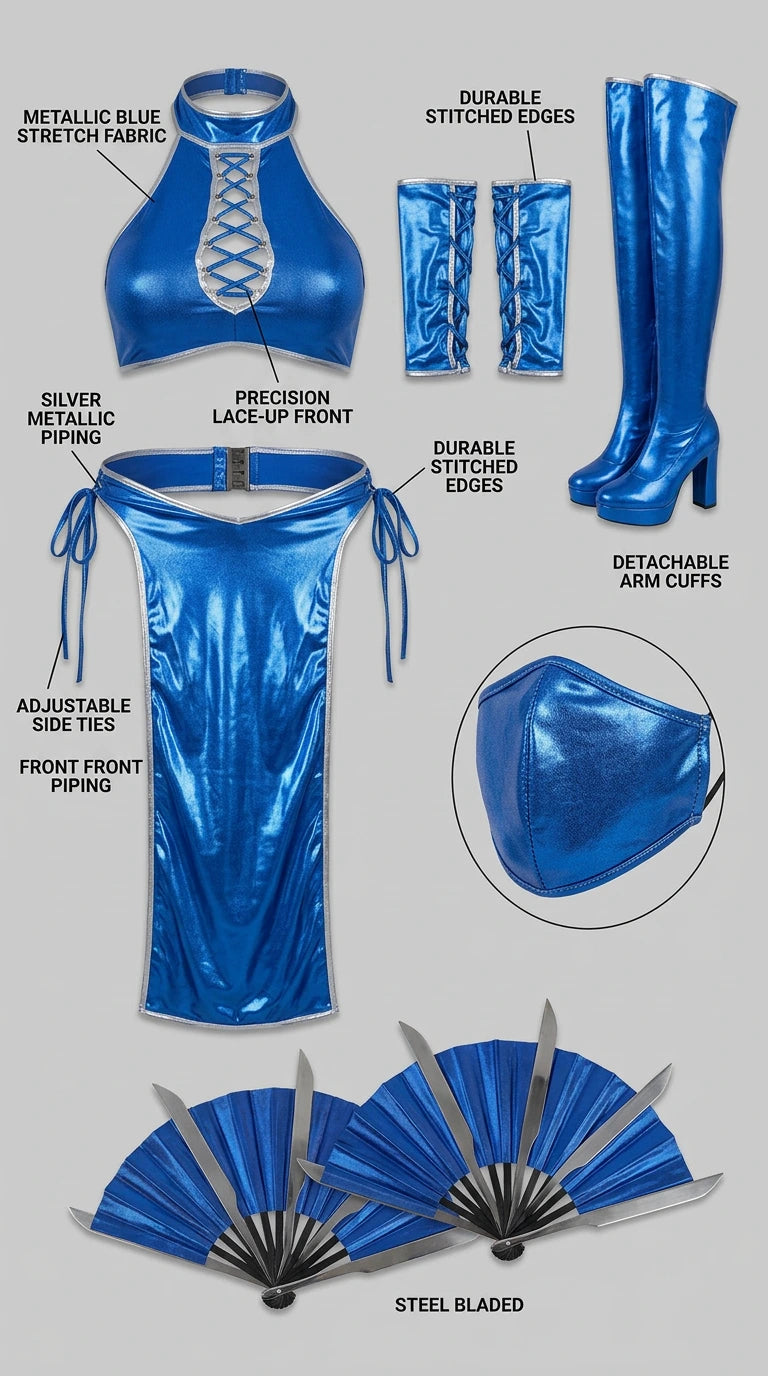 Detailed product component breakdown showing halter top, arm cuffs, sash, mask, and fans