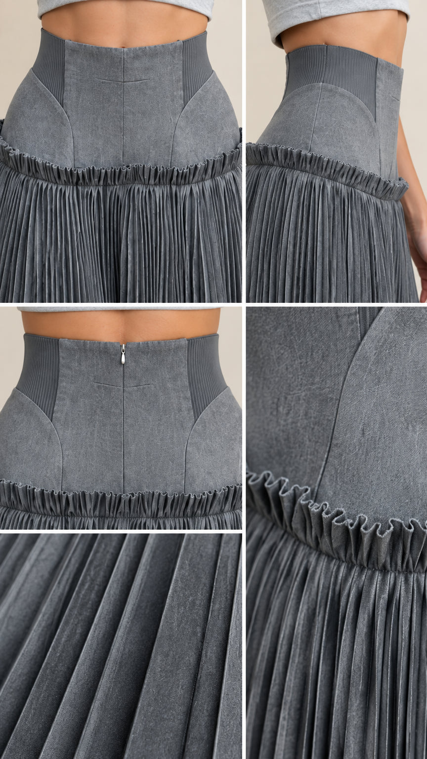 Close-up detail collage showing the corset waistband, side stretch inserts, rear zipper, and pleats