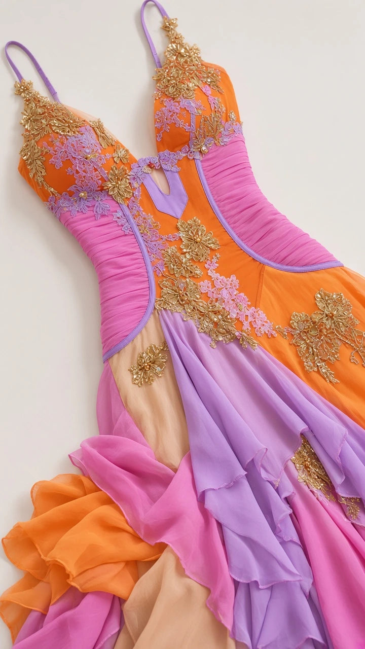 Close-up detail of embroidered bodice and orange, pink, and lilac ruffles