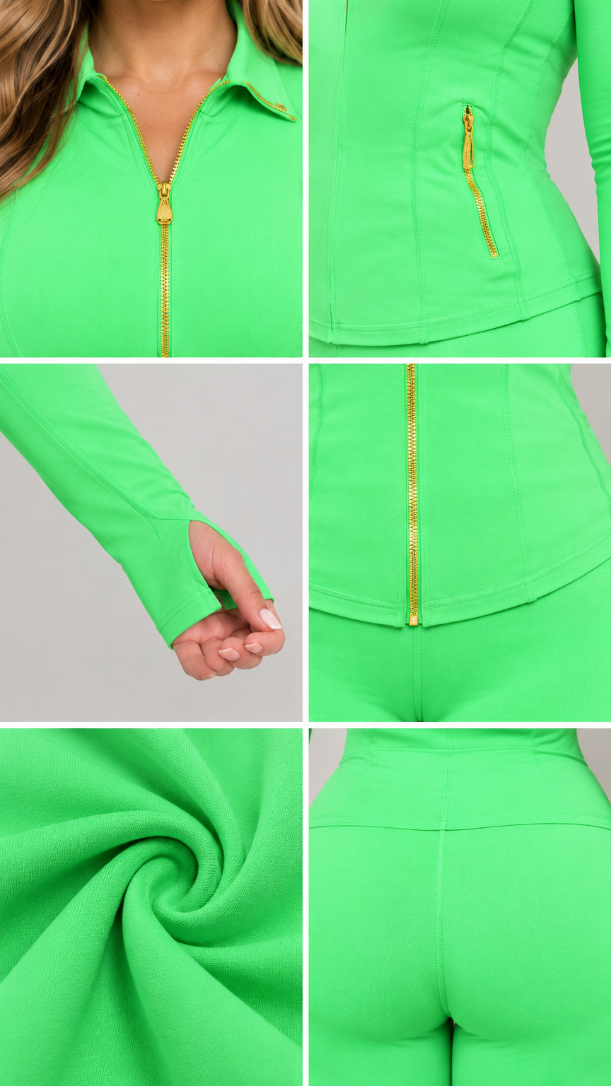 Detailed close-ups of green collar zip, side pocket, thumbhole cuff, and stretch fabric