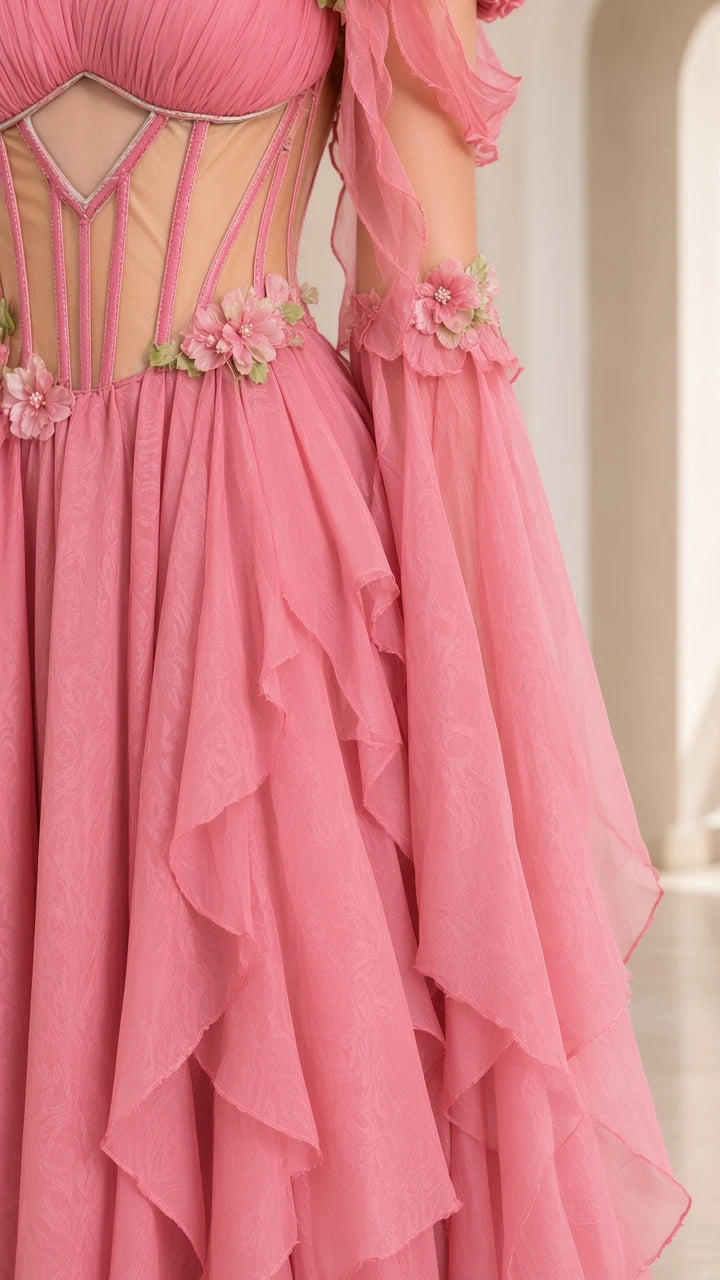 Close-up detail of sheer boned corset bodice with delicate 3D floral accents