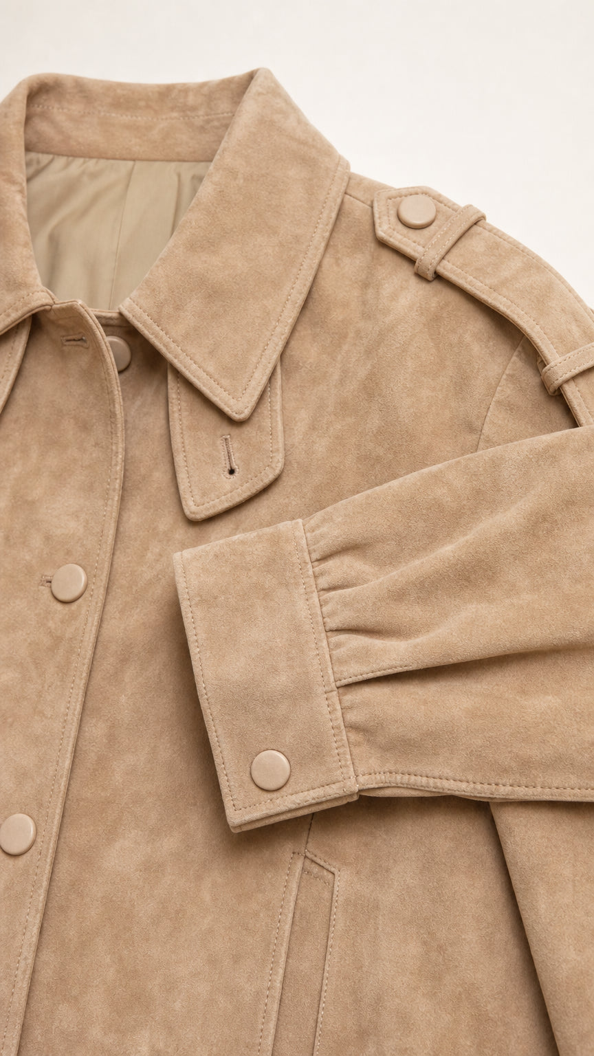 Close-up detail of camel faux suede jacket showing collar, epaulette, storm flap, and cuff snap button