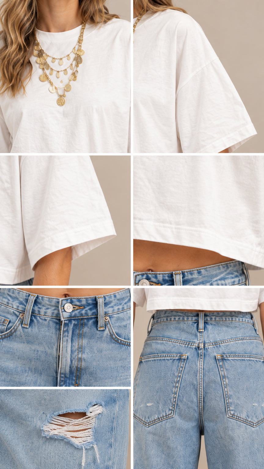 Close-up details of white crew neck top, sleeve, waist hem, denim button fly, back pockets, and knee distress rip