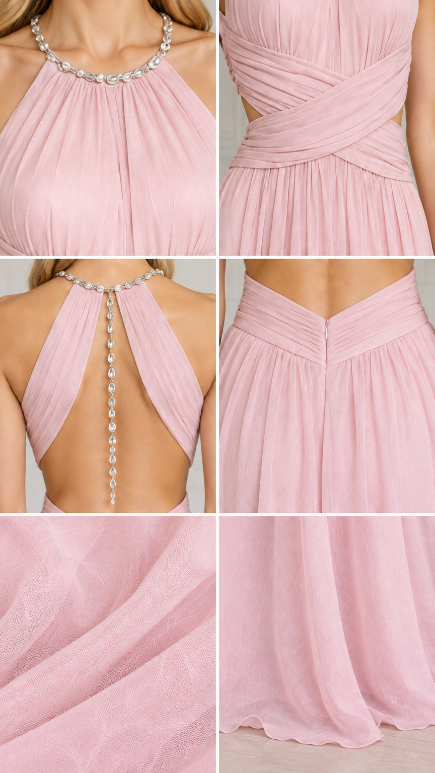 Detailed close-up views of the embellished halter neckline, crisscross waist, back chain, and fabric