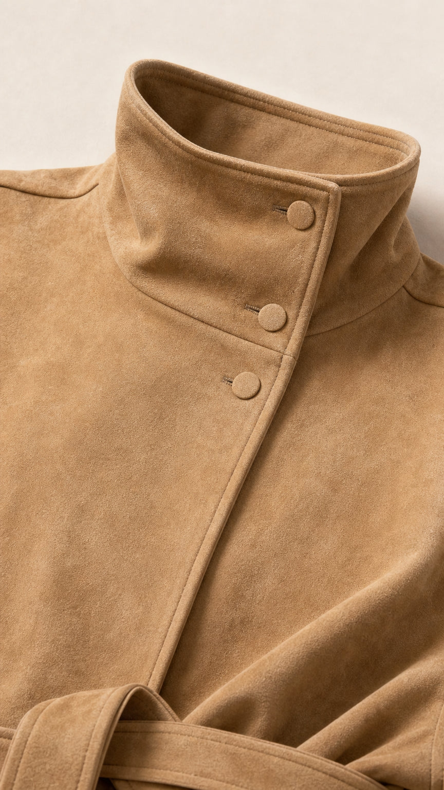 Close-up detail of high snap collar and smooth faux suede texture