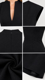 Close-up details of neckline, shoulder construction, back zipper, tailored waist, and fabric texture