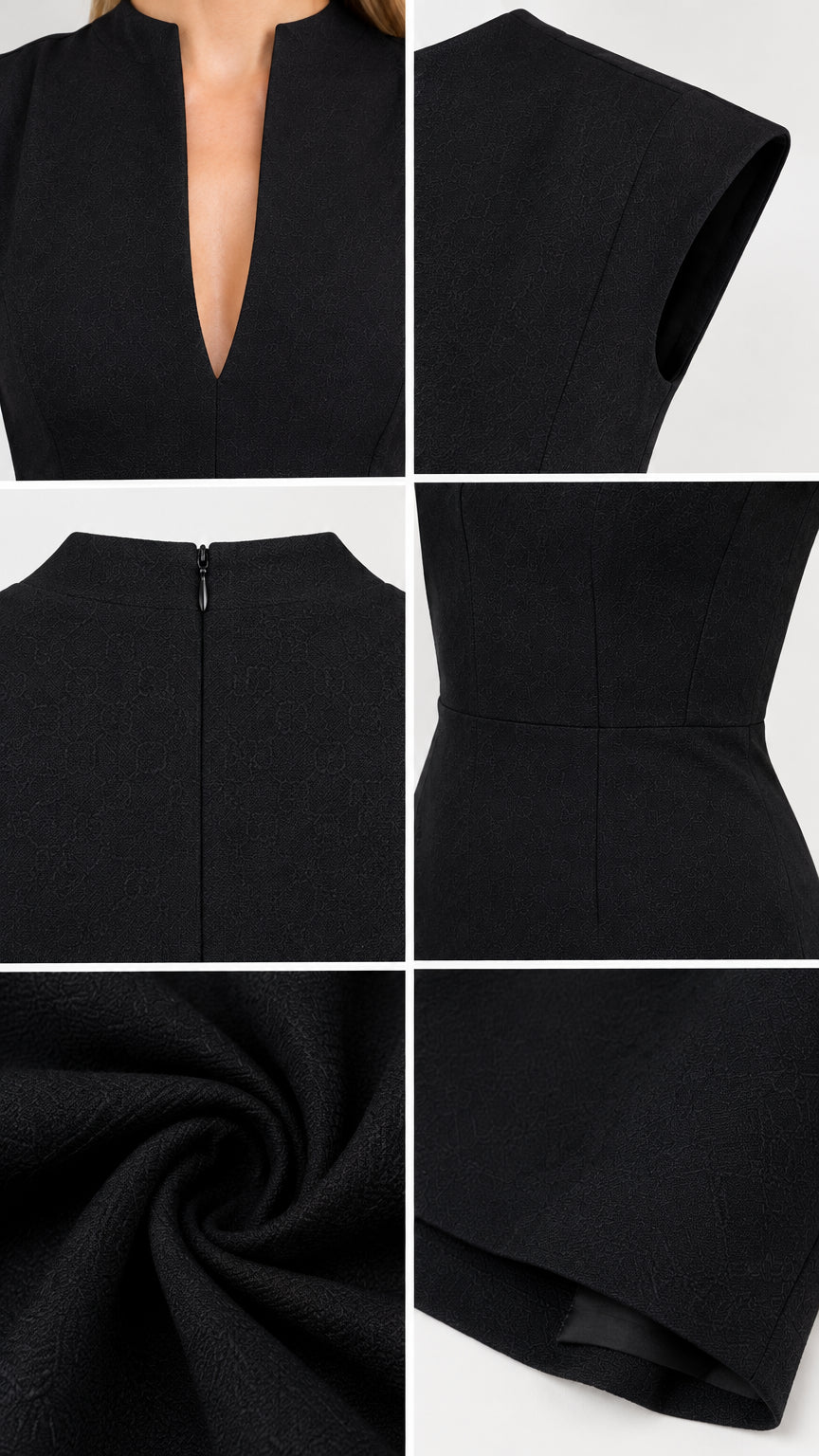 Close-up details of neckline, shoulder construction, back zipper, tailored waist, and fabric texture