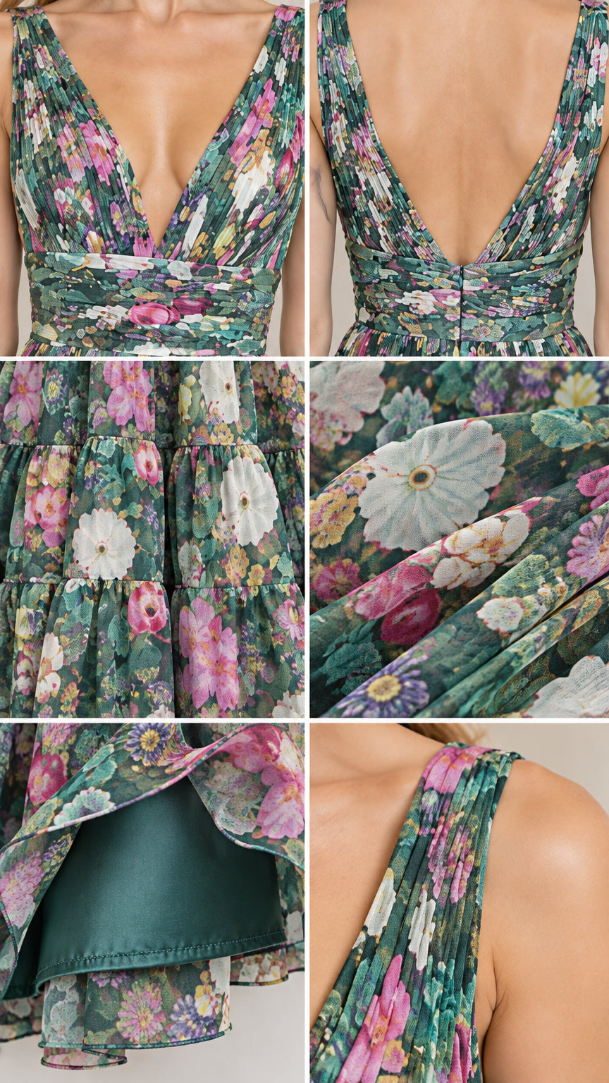 Detailed close-up collage showing the pleated plunge neckline, back zipper, hem lining, and tiered skirt