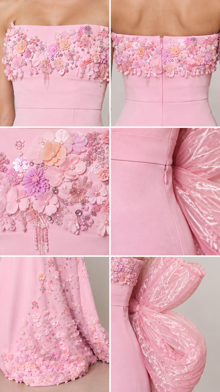 Close-up detail collage of pink floral appliqués, waistline seam, side zipper, and bow texture