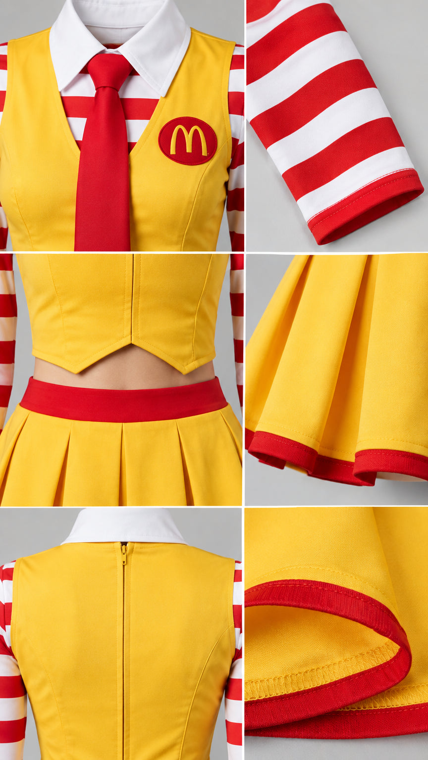 Close-up details of yellow vest embroidery, shirt collar, red necktie, and fabric hems