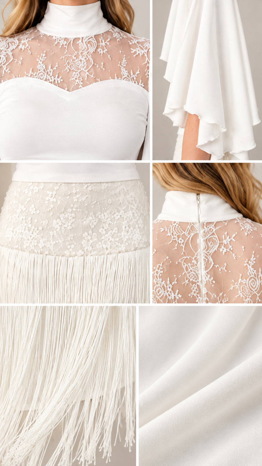Close-up details of floral lace yoke, mock neckline, cape sleeves, and fringe texture