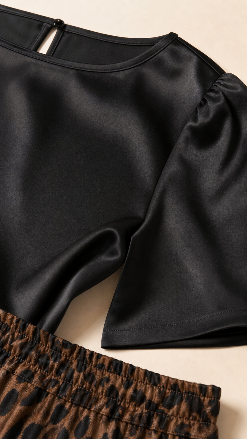 Close-up detail of black satin fabric, sleeve construction, and elastic leopard waistband