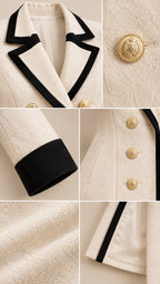 Close-up details of contrast notch lapel, embossed gold crest buttons, textured fabric, and lined cuff