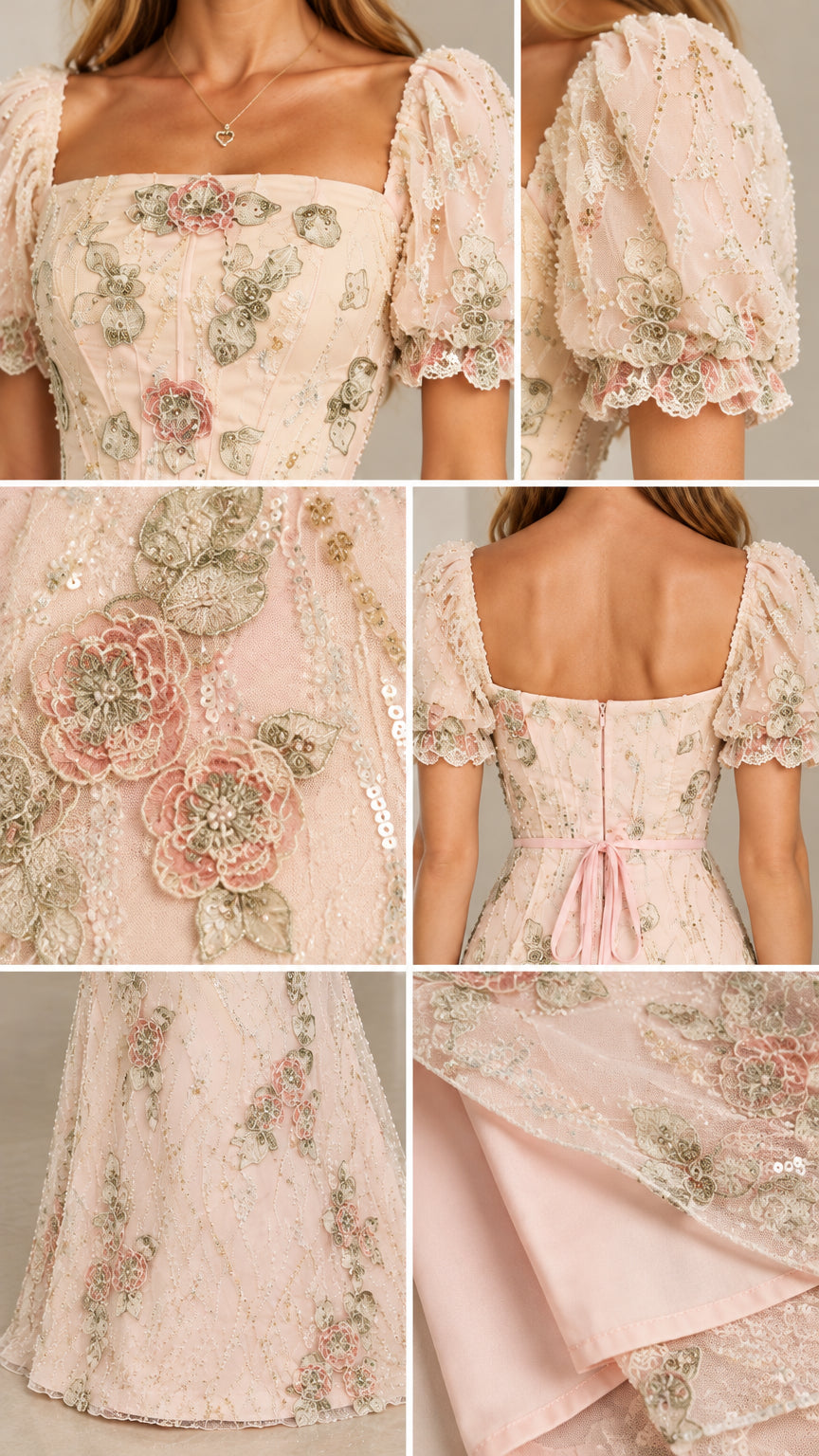 Close-up details of Champagne floral embroidery, neckline, and dress lining