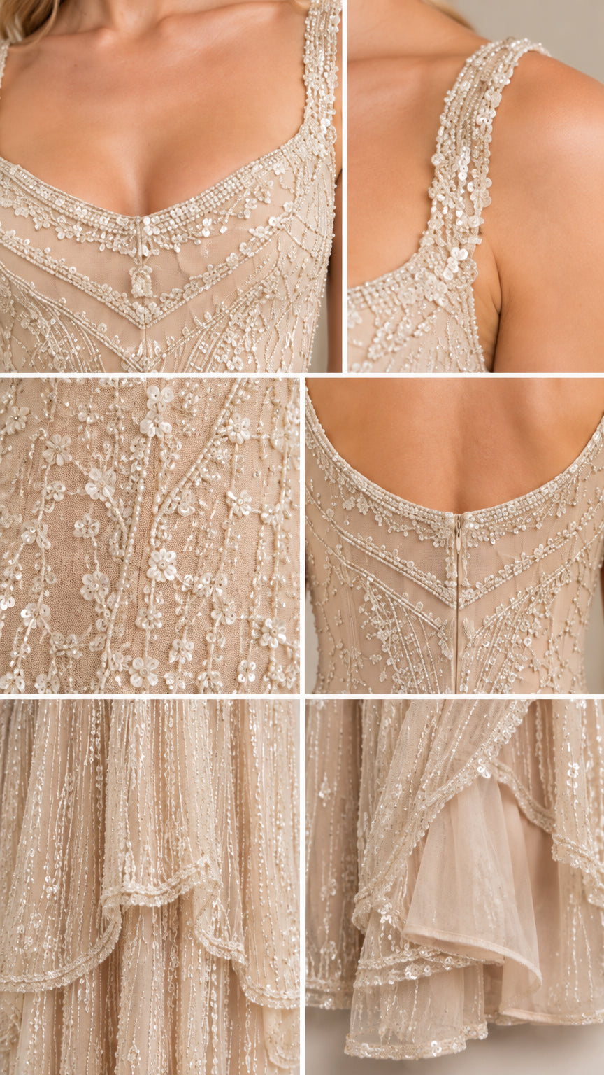 Detailed close-up collage of beaded neckline, straps, floral sequins, zipper, and tiered hem