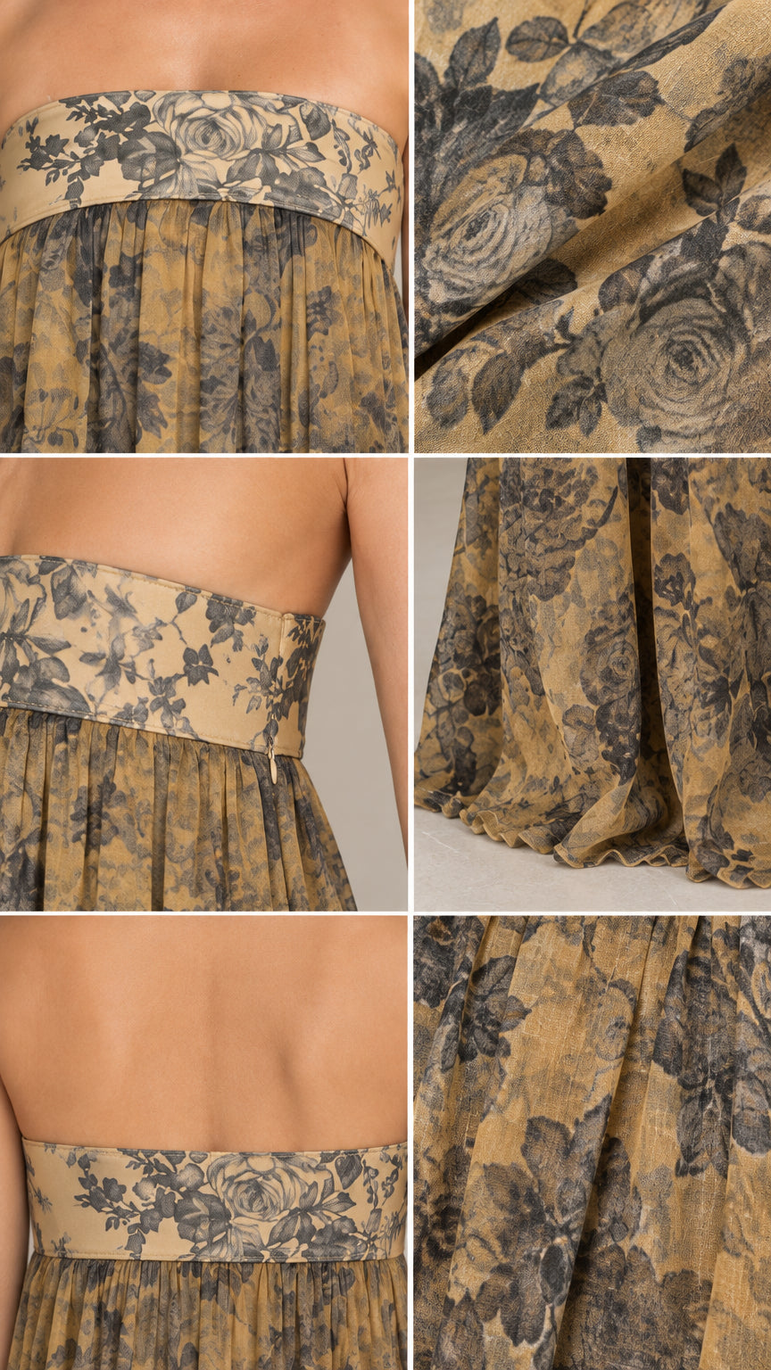 Close-up details of the bandeau bodice fabric and hemline of golden tan floral maxi dress