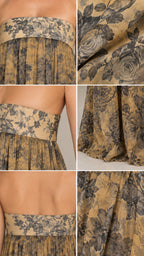 Close-up details of the bandeau bodice fabric and hemline of golden tan floral maxi dress